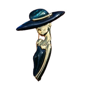 Vintage Signed Park Lane Lady in Hat Brooch Pin Gold Tone Blue Green Enamel